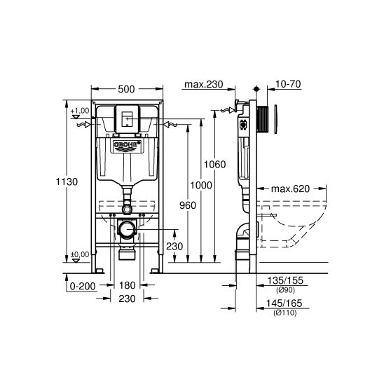 Set châssis encastré avec bouton de chasse d'eau Grohe Rapid SL 39449000, cuvette WC avec abattant à descente lente Grohe Bau Ceramic 39351000