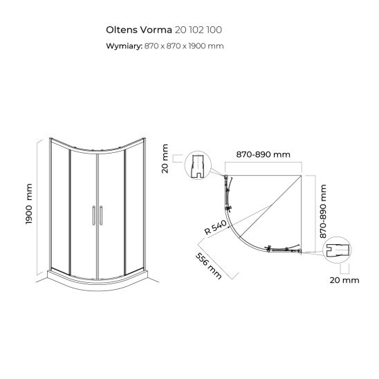 Set cabine de douche Oltens Vorma 20102100, receveur de douche semi-circulaire Oltens Superior 16002000