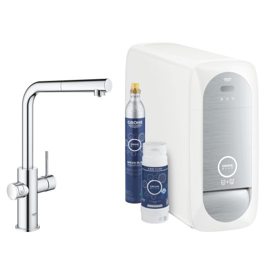 Set kit de démarrage avec mitigeur de cuisine Grohe Blue 31539000, évier en acier inoxydable Grohe K700 31726SD0