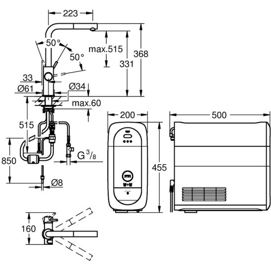 Set kit de démarrage avec mitigeur de cuisine Grohe Blue 31539000, évier en acier inoxydable Grohe K700 31726SD0