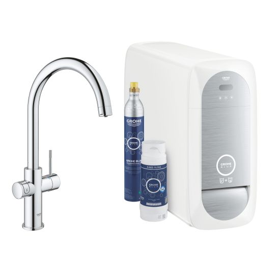 Set mitigeur de cuisine avec filtre Grohe Blue 31455001, évier en acier inoxydable Grohe K700 31726SD0