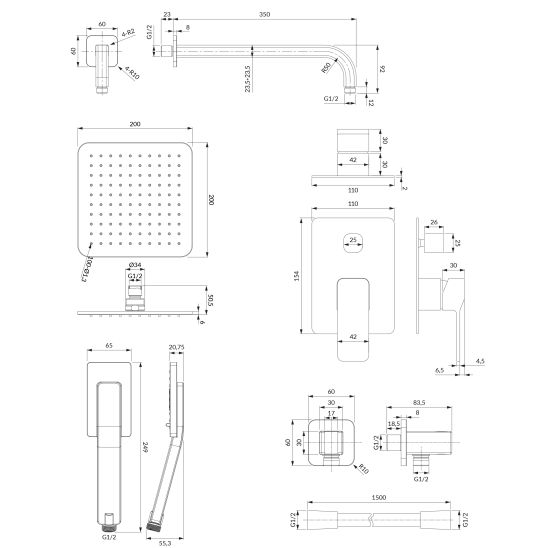 Set ensemble de douche Omnires Slide SYSSL12GR, mitigeur de lavabo Omnires Slide SL7715GR