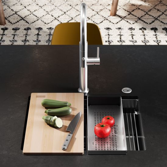 Set évier en acier inoxydable Franke Box 127.0749.858, mitigeur de cuisine Franke Eos 115.0590.045