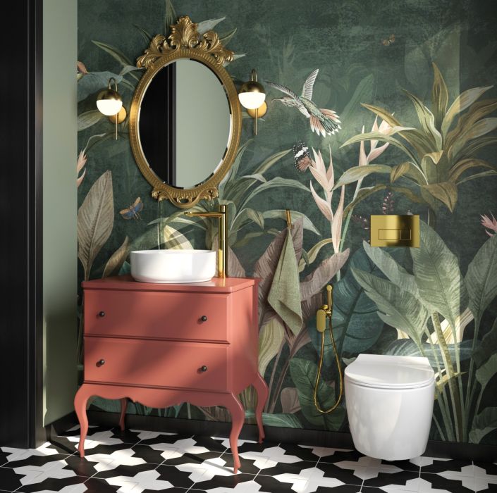 Salle de bains r&eacute;tro avec motif v&eacute;g&eacute;tal